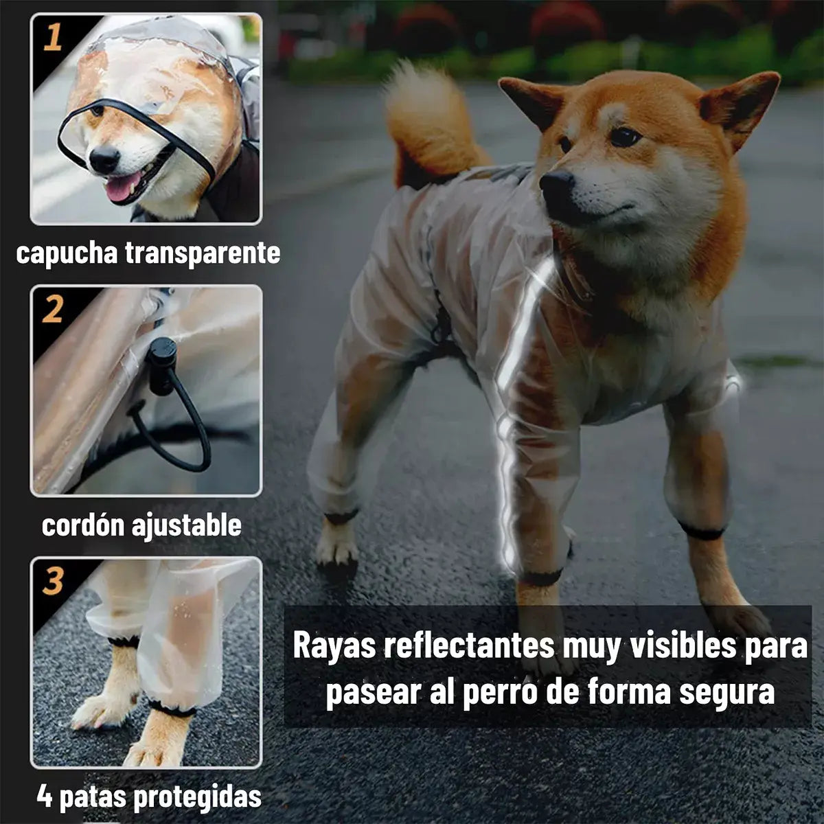 Capa de Chuva Transparente para Cachorros com Capuz e Faixas Refletivas – Impermeável