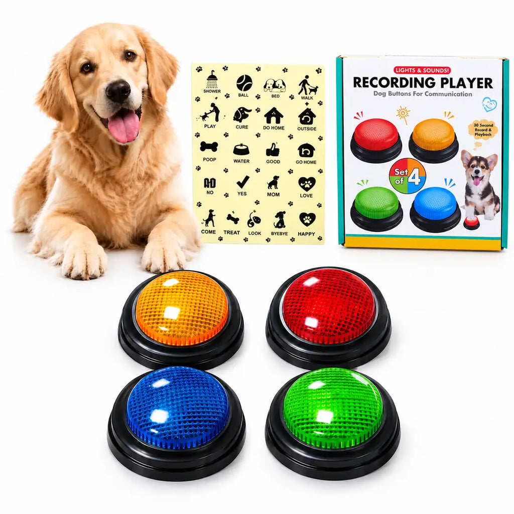 Kit com 4 Botões de Voz para Cachorros com Adesivos e Efeito Luminoso