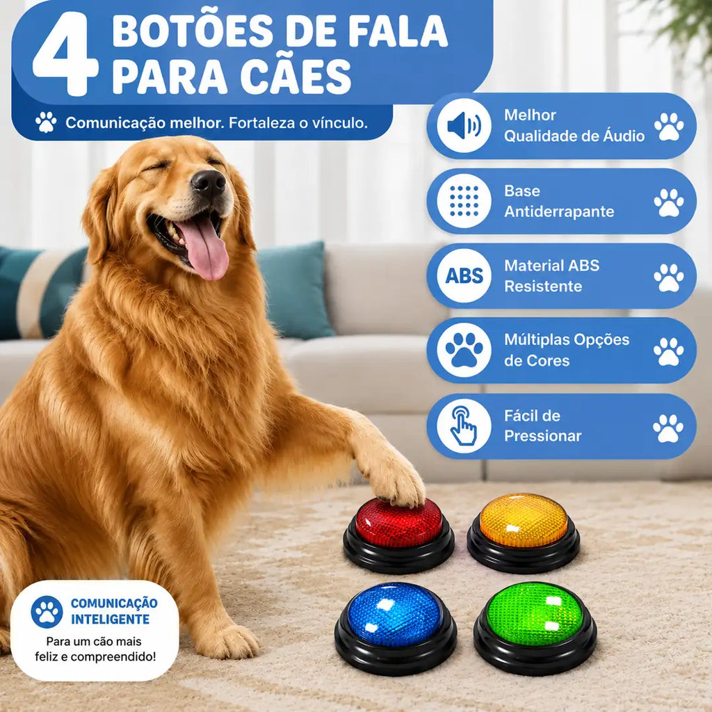Kit com 4 Botões de Voz para Cachorros com Adesivos e Efeito Luminoso
