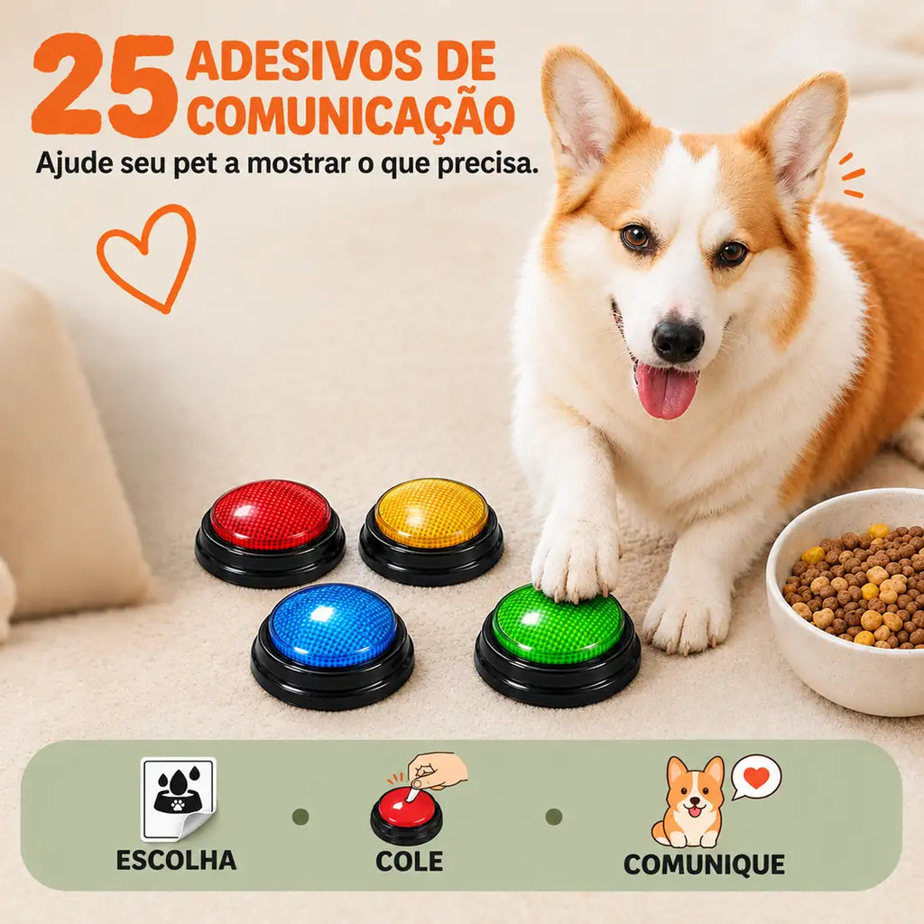 Kit com 4 Botões de Voz para Cachorros com Adesivos e Efeito Luminoso