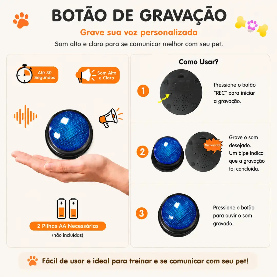 Kit com 4 Botões de Voz para Cachorros com Adesivos e Efeito Luminoso