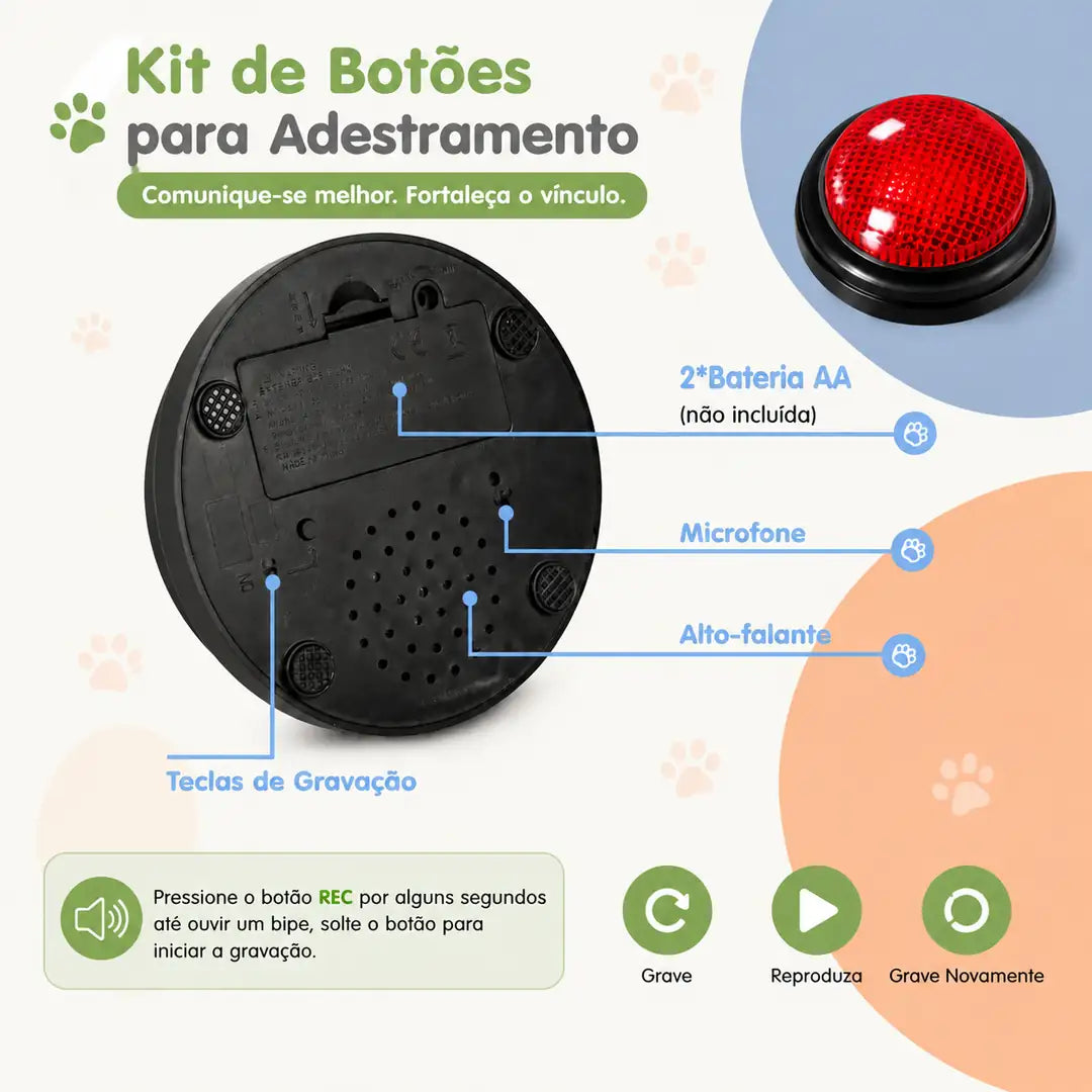 Kit com 4 Botões de Voz para Cachorros com Adesivos e Efeito Luminoso