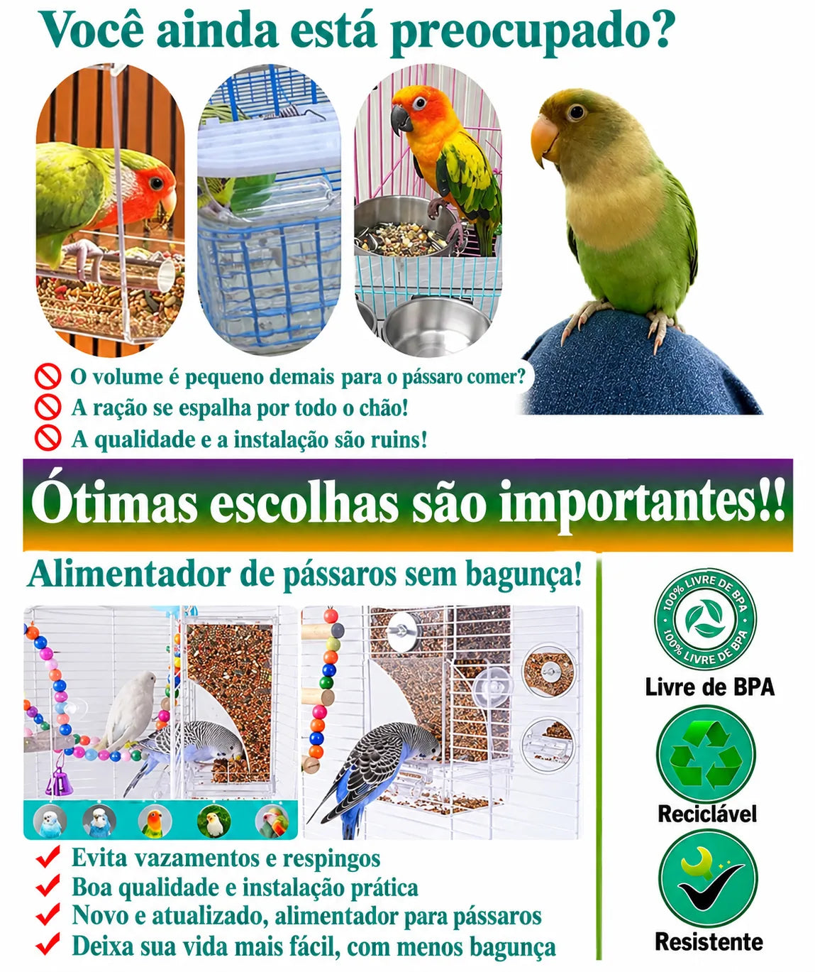 Kit Comedouro e Bebedouro Automático para Papagaios e Aves – Antissujeira e Fácil de Limpar